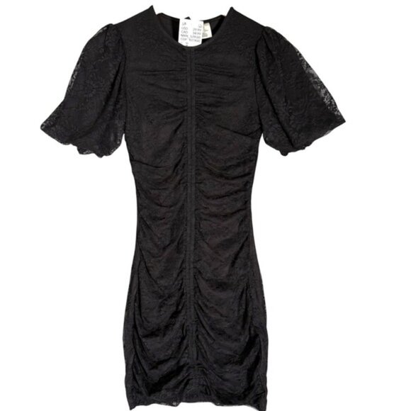 NWT H&amp;M Lace Rouched Bodycon Mini Dress Puff Sleeve Whimsigoth Witchy XS - Picture 1 of 7
